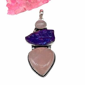 Rose Quartz Titanium Aura Quartz Necklace Pendant 925 Sterling Silver Overlay